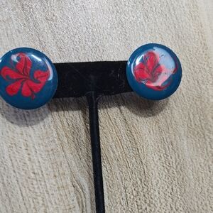 Vintage Swirl Enamel Blue and Red Sterling Silver Button Earrings NWT💫